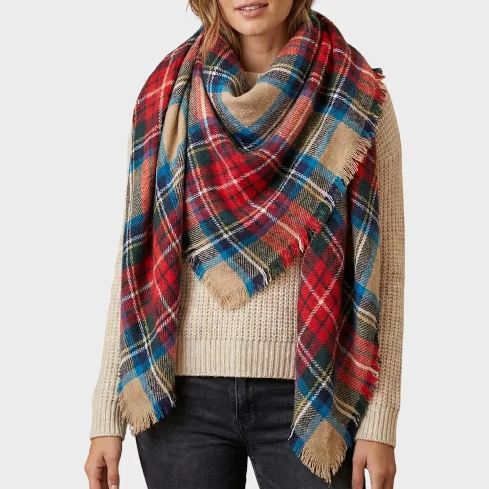 Large Blanket Scarf Plaid Blue Red White Cream 60